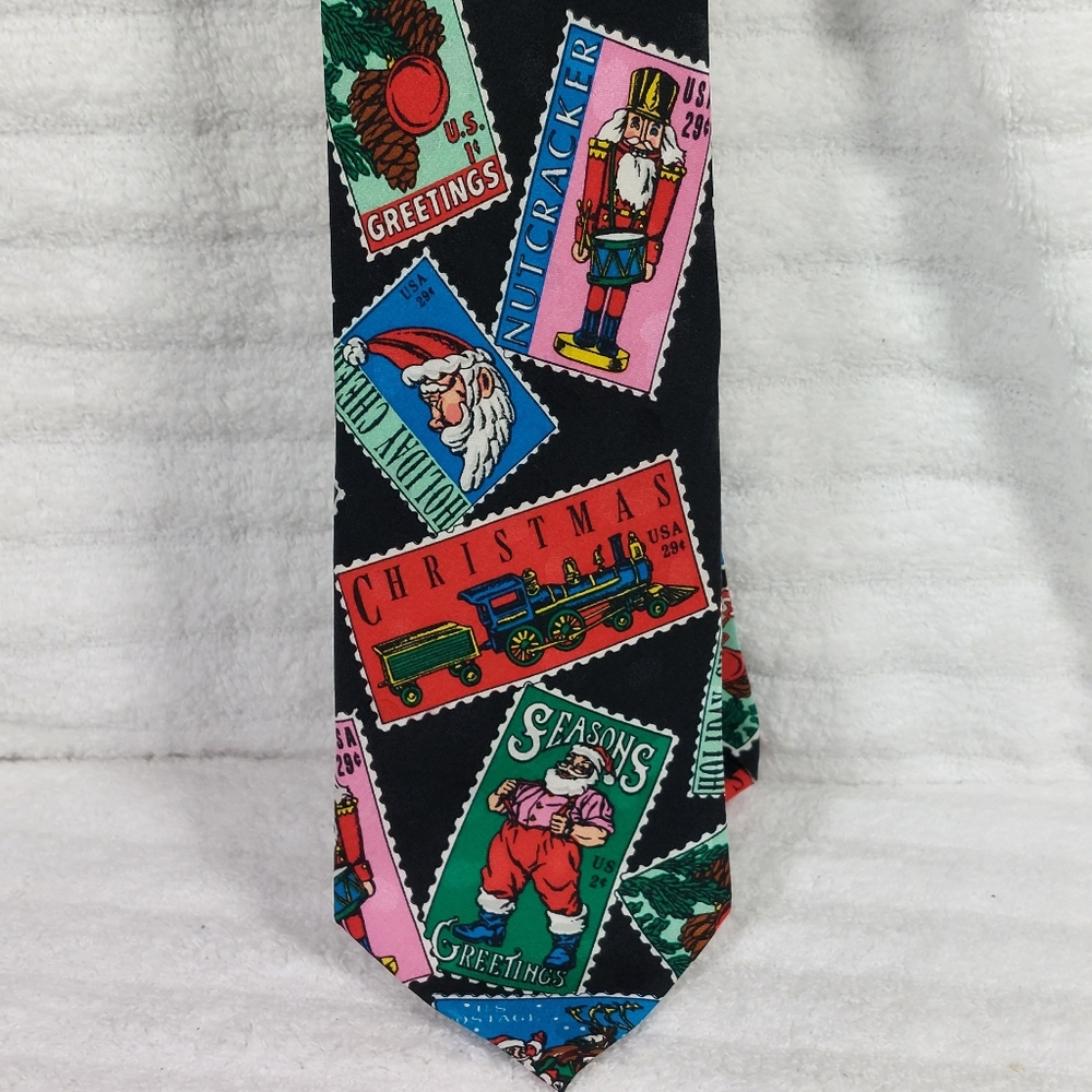 Vintage Addiction 1991 Christmas Santa Postcard Tie 100% Silk Holiday Black